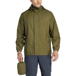Men's Olive Nylon Rain Shell Hood Full Zip Packable Windbreaker Jacket